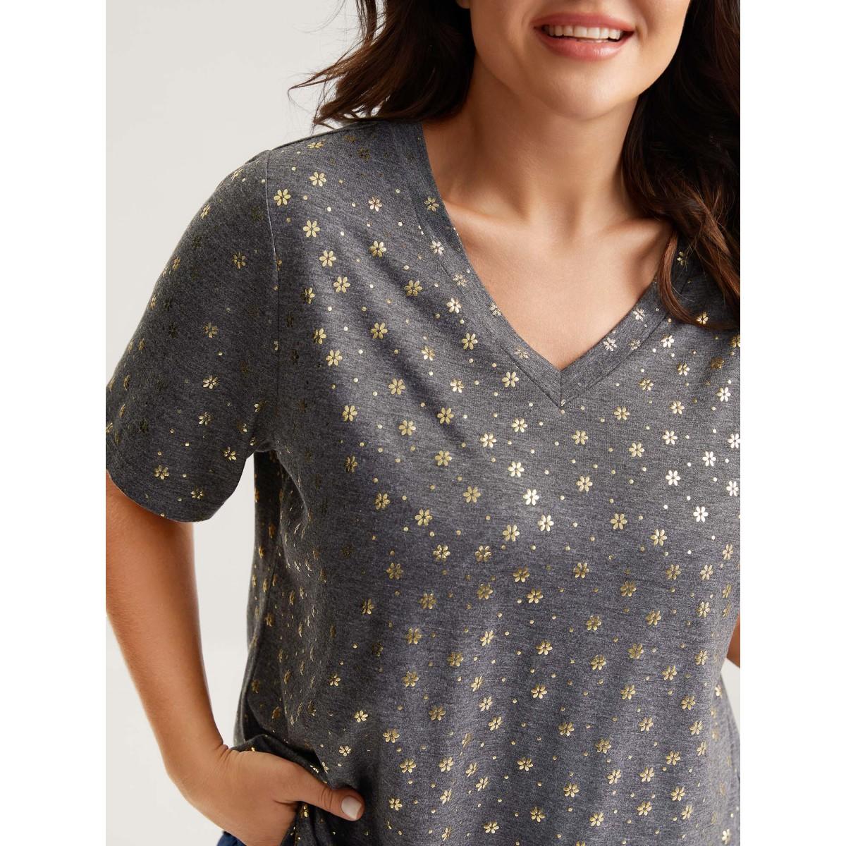 Plus Size Supersoft Stretchy Gold Floral T-Shirt DimGray Women Leisure Non V-neck Casual T-shirts BloomChic 10/M Product Image