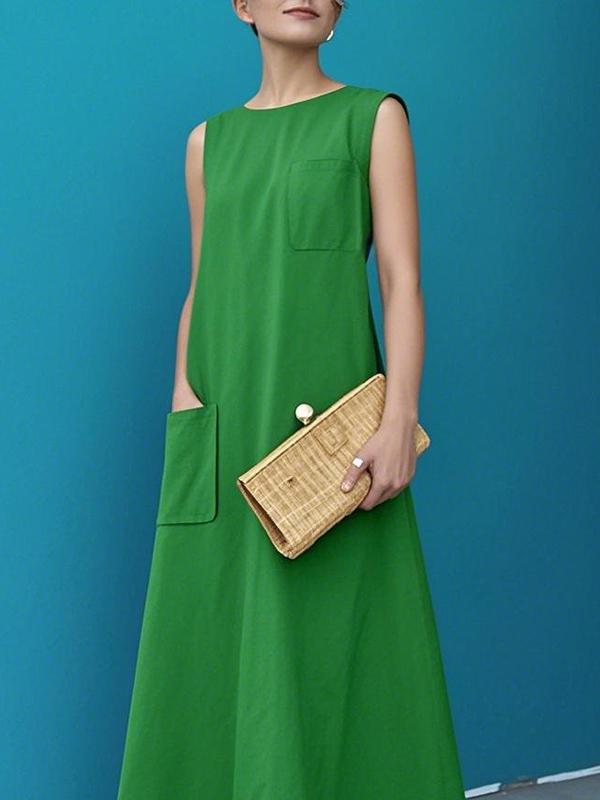 A-Line Loose Pockets Solid Color Round-Neck Maxi Dresses Product Image