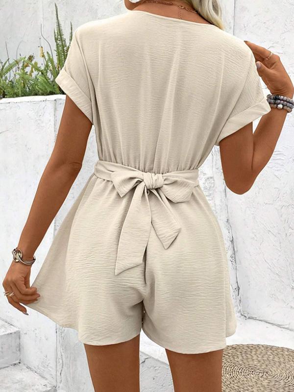 Loose Raglan Sleeve Pleated Solid Color Split-Joint V-Neck Rompers Product Image