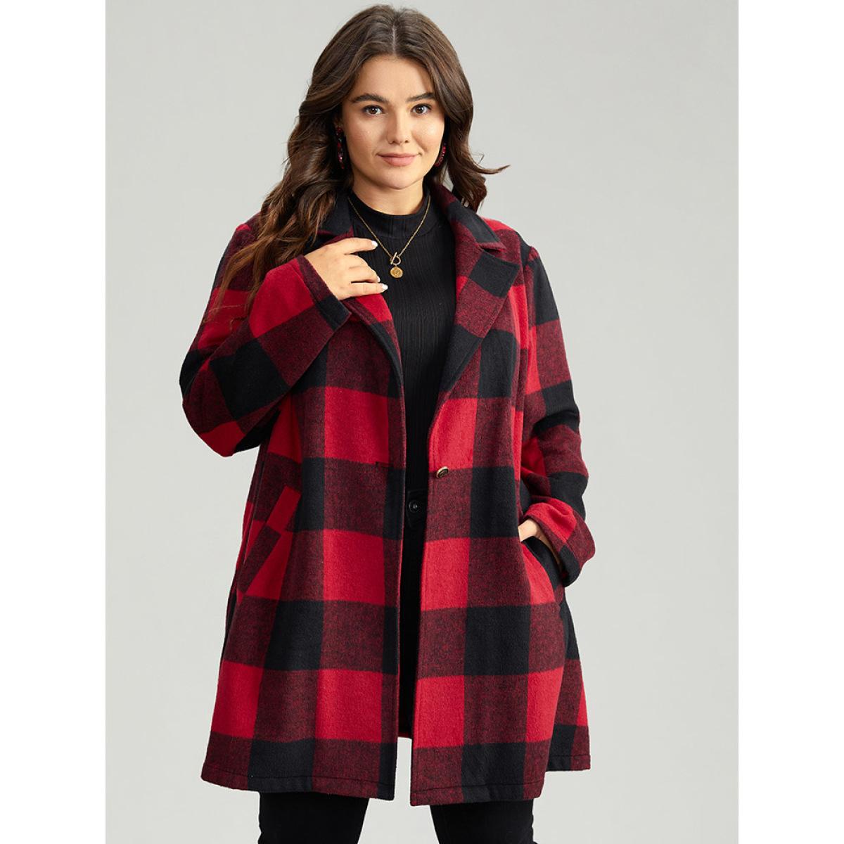 Plus Size Plaid Print Button Down Pocket Tunic Coat Women Crimson Casual Contrast Ladies Dailywear Winter Coats BloomChic 30/6X Product Image