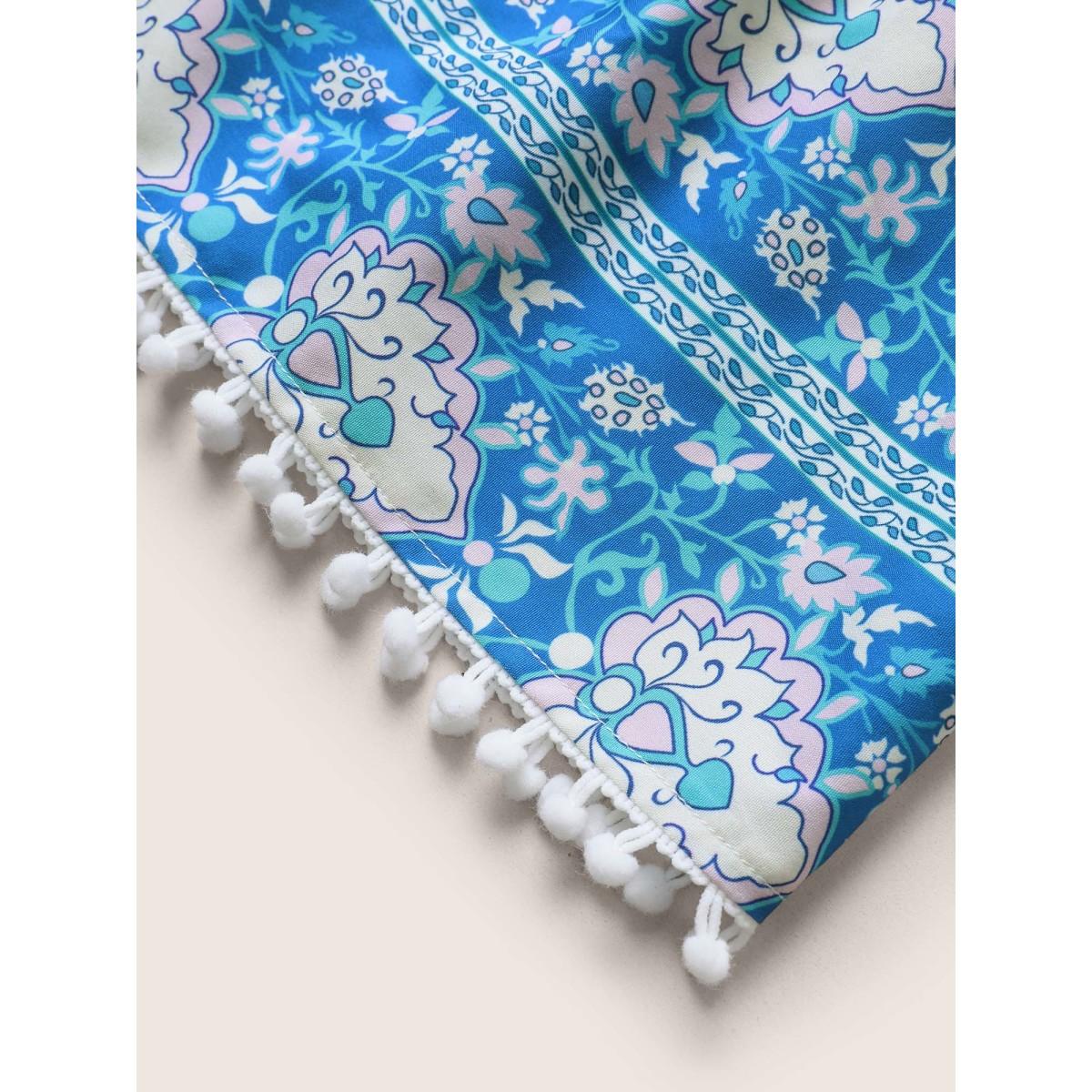 Plus Size Boho Print Tie Knot Pompom Trim Dress Cerulean Women Resort Woven ribbon&lace trim One-shoulder neck Sleeveless Curvy BloomChic 14-16/1X Product Image