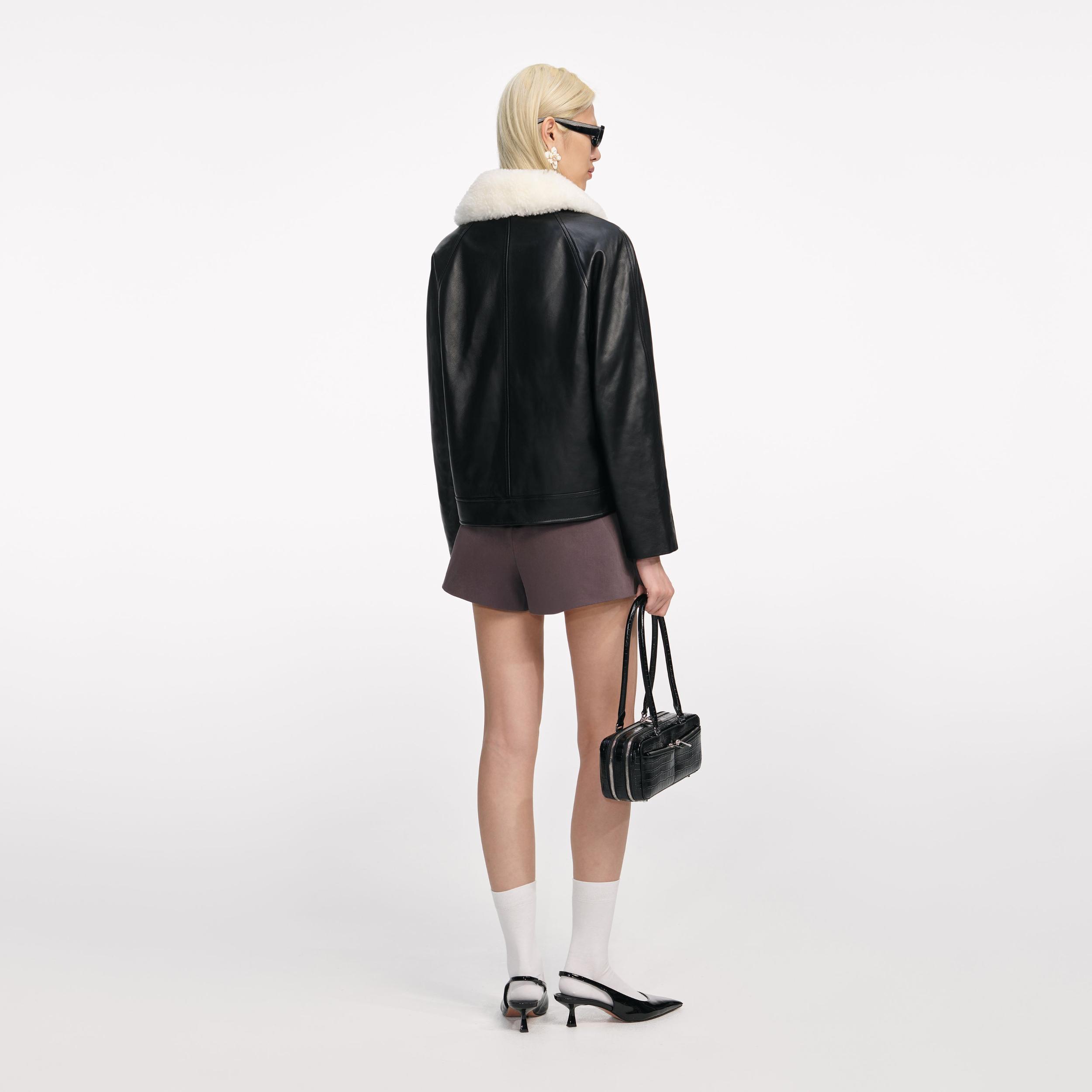 Black Leather Fur Collar Jacket Product Image