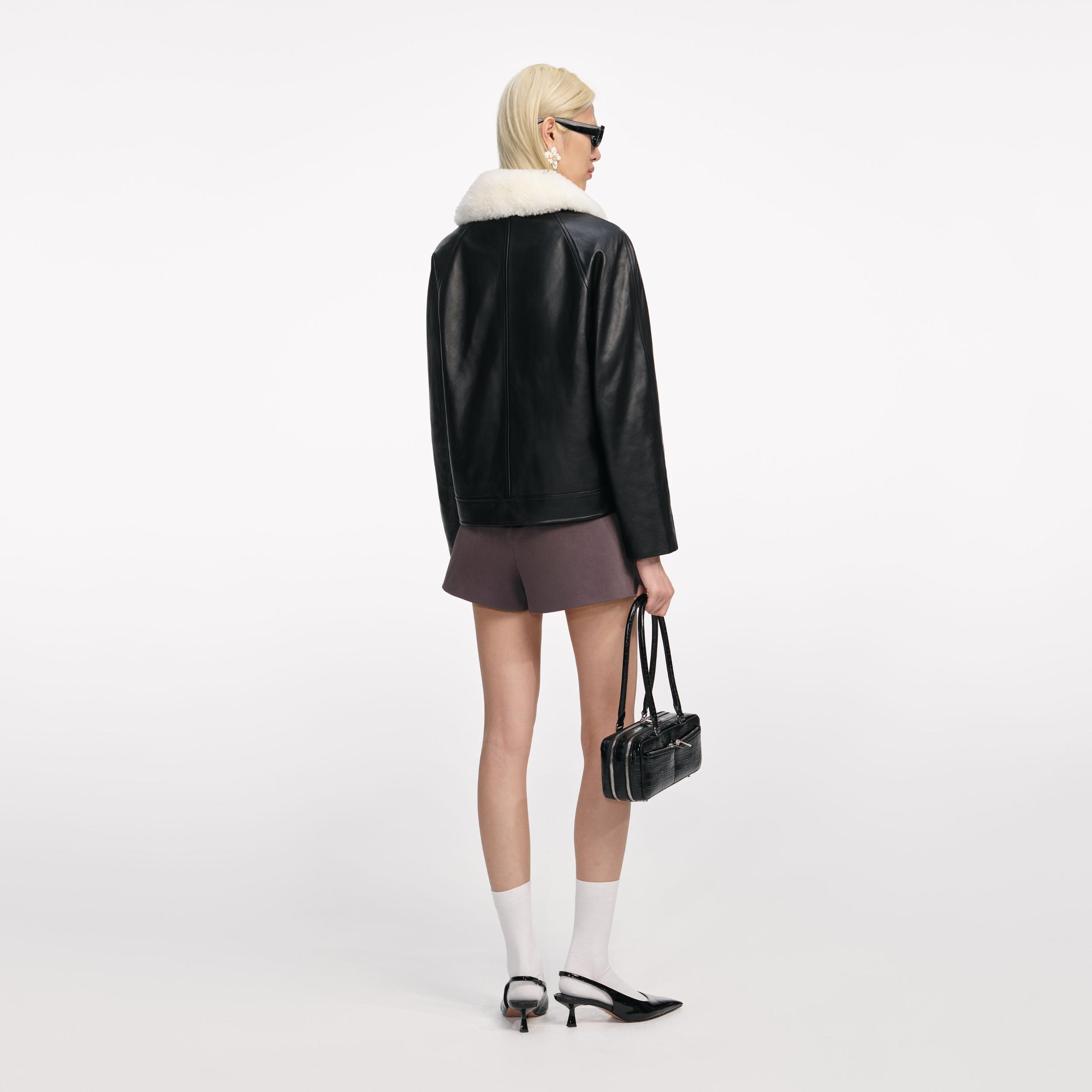 Black Leather Fur Collar Jacket Product Image