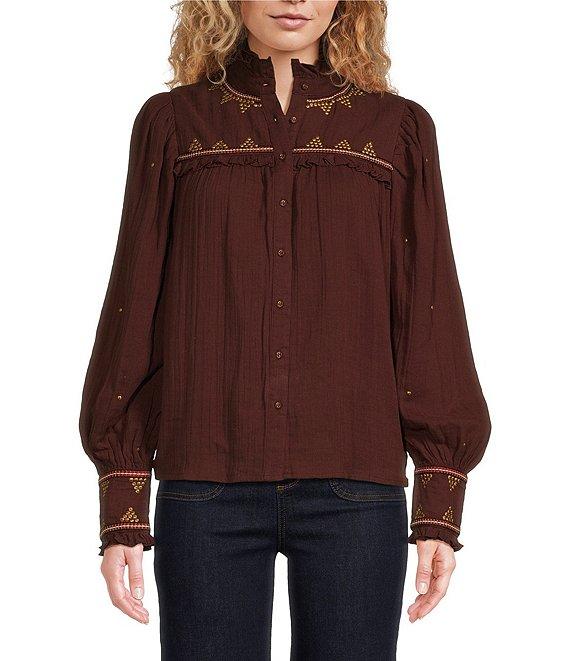 A Loves A Gauze Embroidery Split V-Neck Long Sleeve Button Front Blouse Product Image