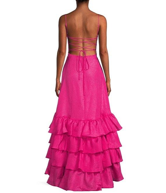 B. Darlin Crepe Organza Sweetheart Neck Spaghetti Strap Cascading Tiered Ruffle Hem Side Slit Lace Up Back Dress Product Image