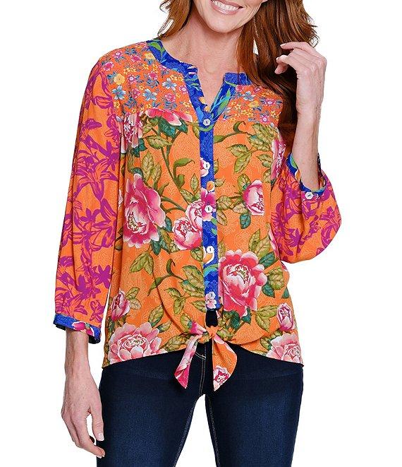 John Mark Printed Split V-Neck 3/4 Sleeve Button Front Blouse Product Image
