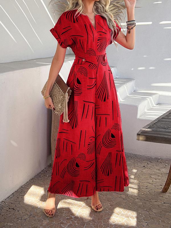 High Waisted Loose Buttoned Contrast Color V-Neck Jumpsuits Product Image