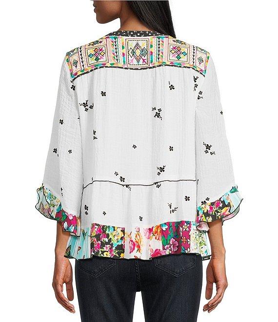 John Mark Flocked Floral-Embroidered Split Neck 3/4 Sleeve Top Product Image