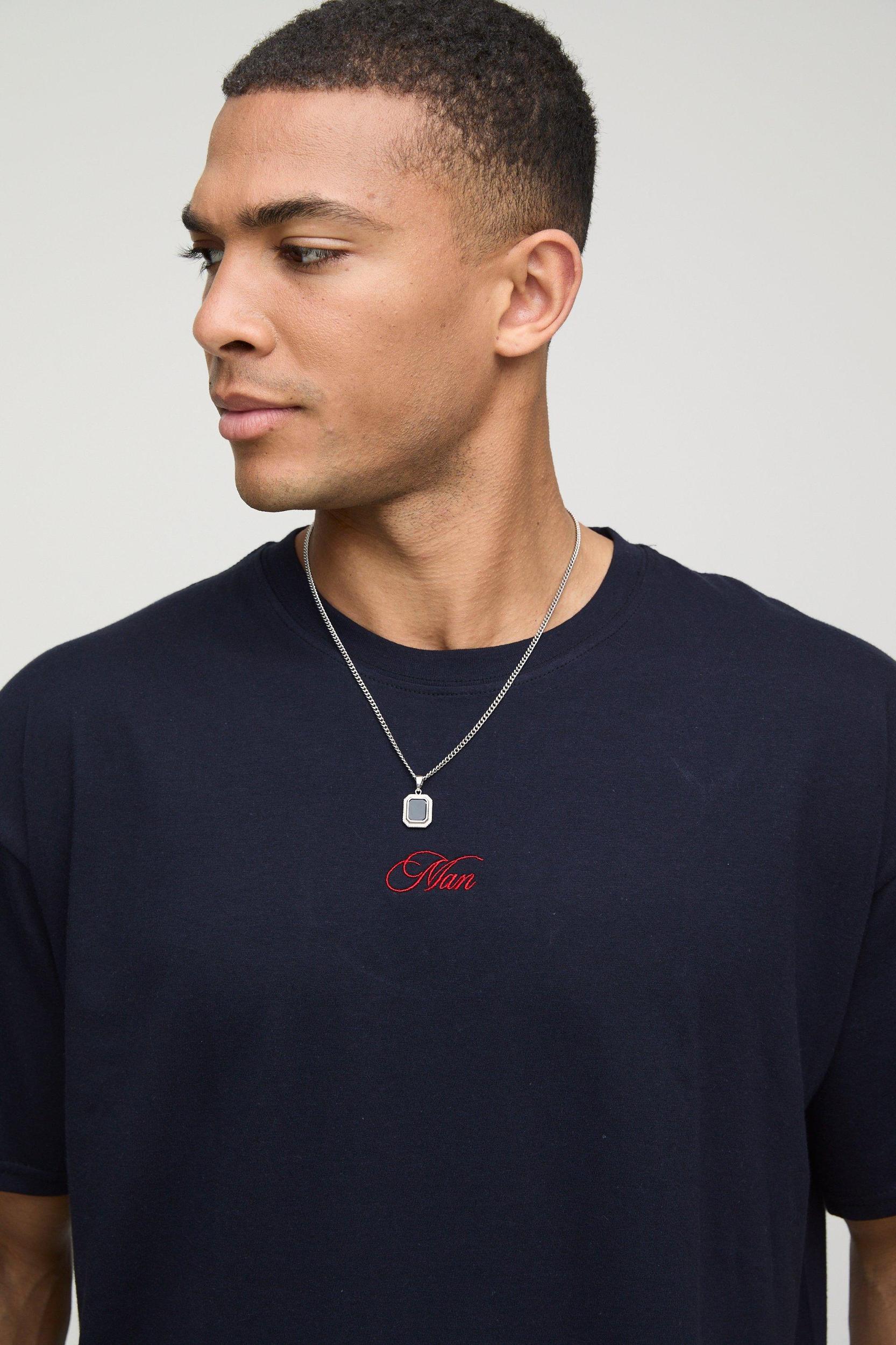 Navy Oversized Embroidered MAN T-Shirt | boohooMAN USA Product Image