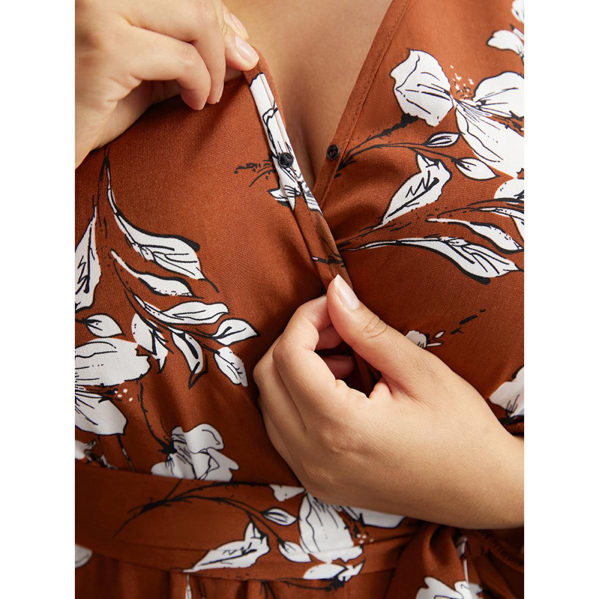 Plus Size Floral Print Wrap Hem Ties Dress Rust Women Elegant Elastic cuffs Overlap Collar Long Sleeve Curvy Midi Dress BloomChic 14-16/1X Product Image