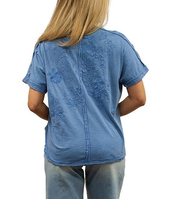 Karyn Seo Alegra Floral Embroidered Button V-Neck Dolman Short Sleeve Tee Product Image