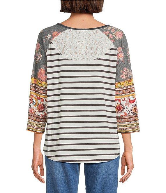 Multiples Petite Size Slub Knit Printed Scoop Neck 3/4 Raglan Sleeve Top Product Image