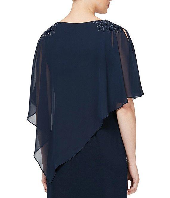 Ignite Evenings Chiffon Asymmetric Overlay 3/4 Sleeve Beaded Shoulder Detail Round Neck Sheath Dress Product Image