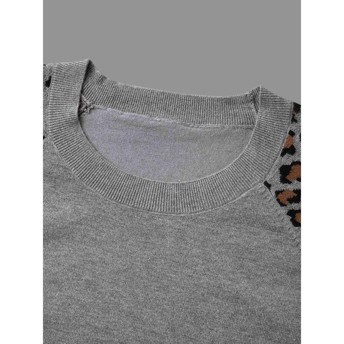 Plus Size Leopard Print Raglan Sleeve Pullover DarkGray Women Casual Loose Long Sleeve Round Neck Everyday Pullovers BloomChic 22-24/3X Product Image