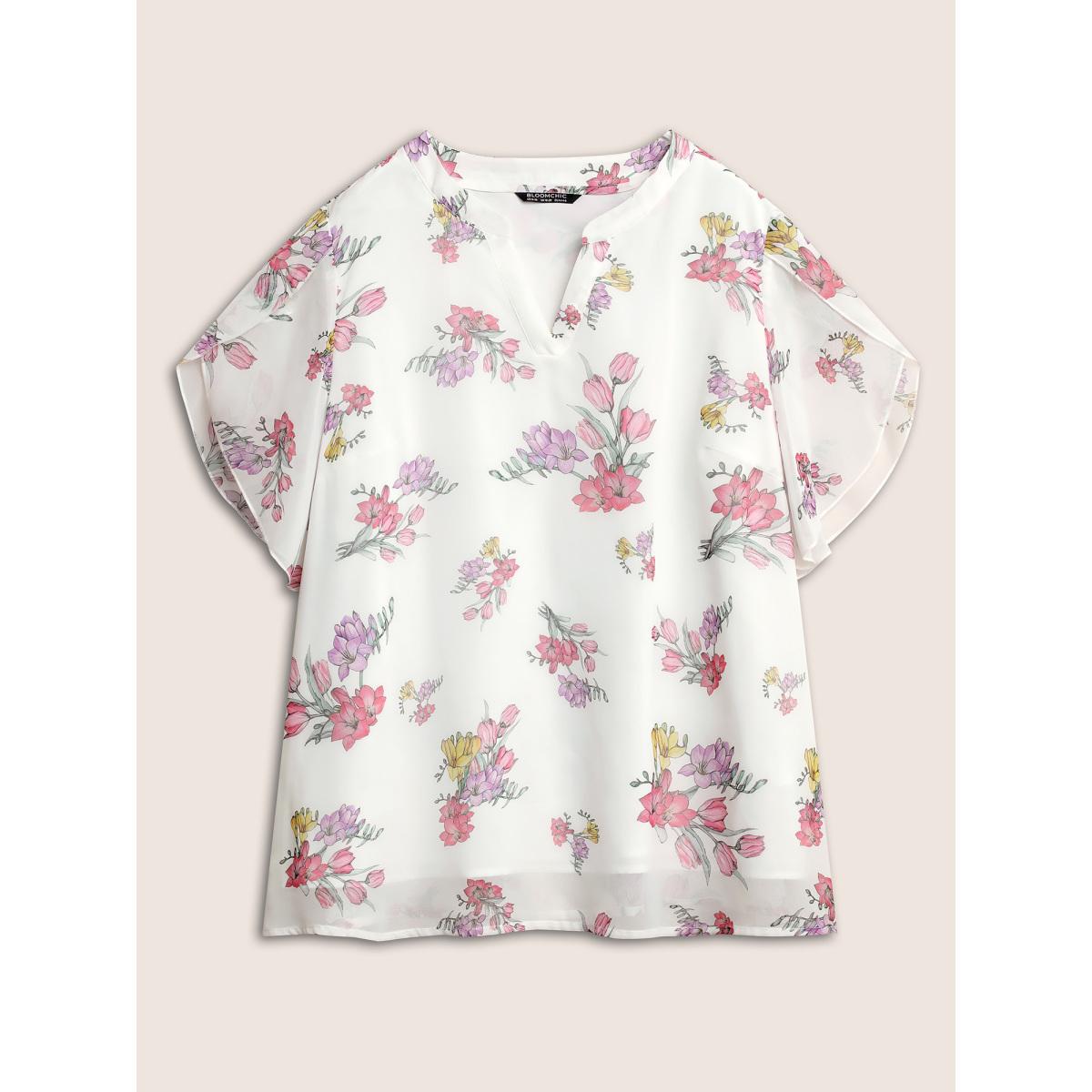Plus Size White Floral Notched Mesh Petal Sleeve Blouse Women Elegant Everyday Blouses BloomChic 22-24/3X Product Image