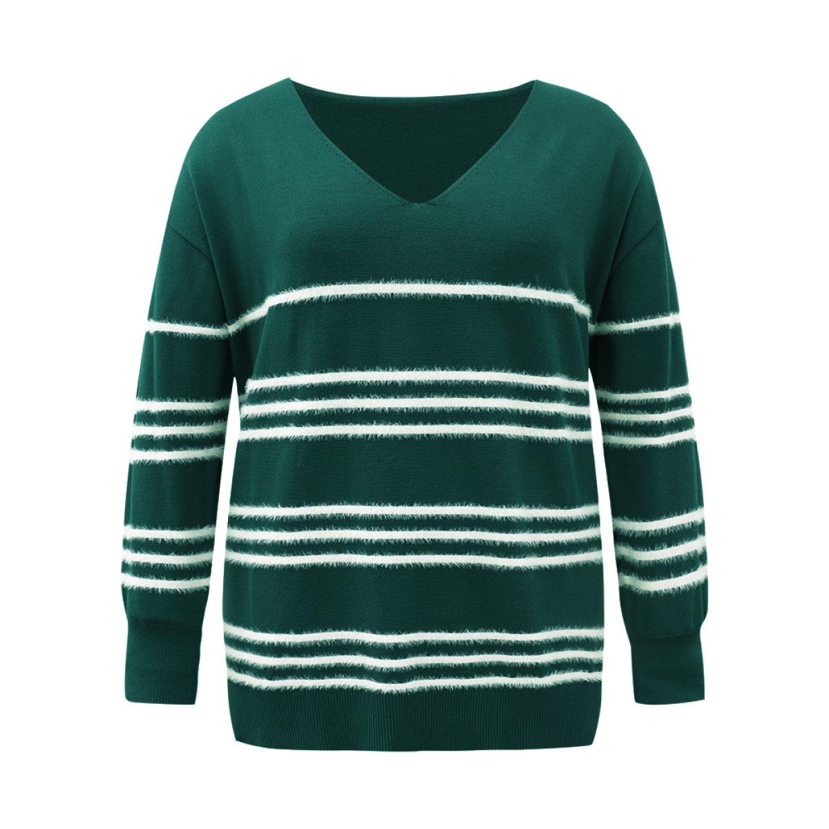 Plus Size Supersoft Essentials Striped Contrast Split Hem Pullover Emerald Women Casual Loose Long Sleeve V-neck Everyday Pullovers BloomChic 18-20/2X Product Image