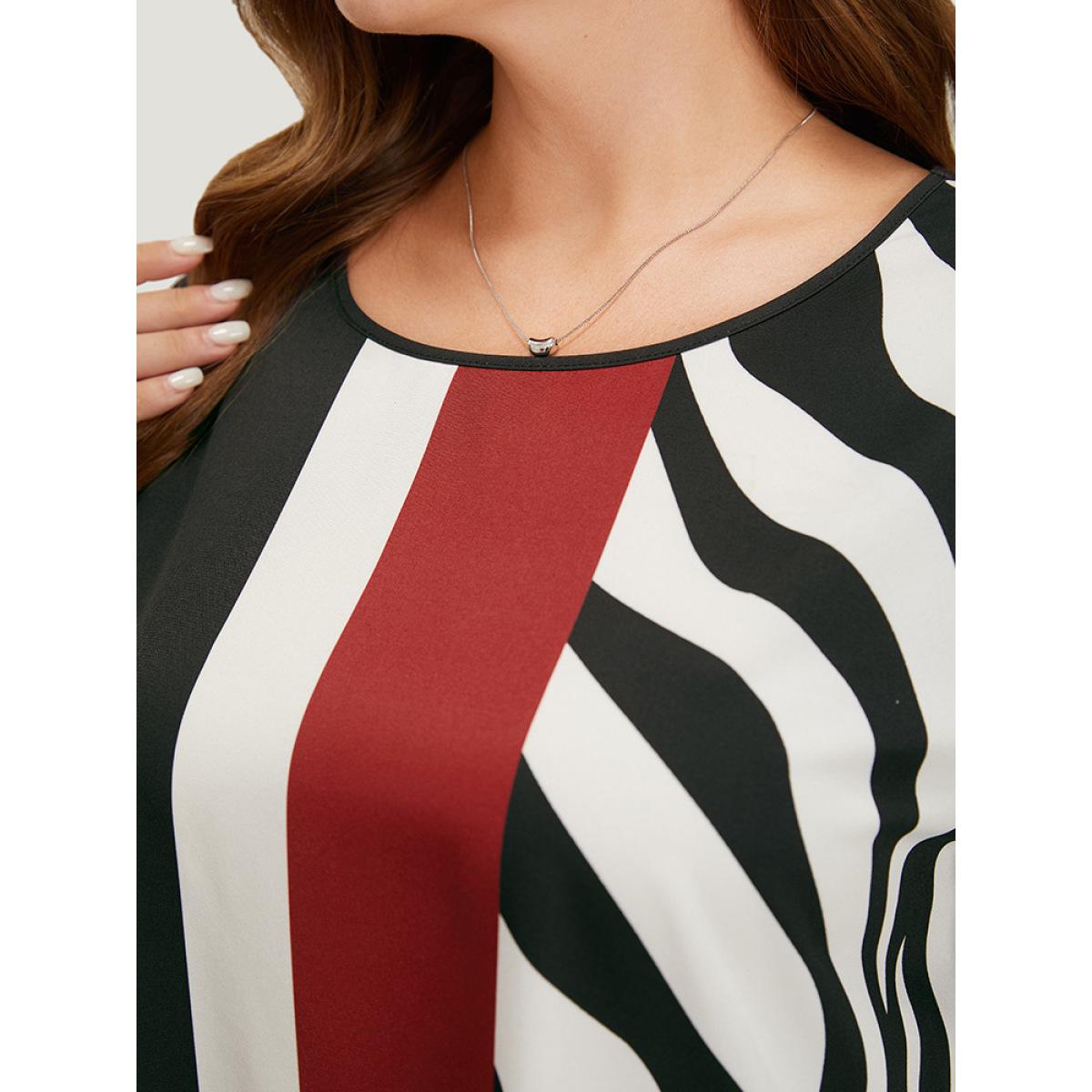 Plus Size Multicolor Striped & Geometric Print Crew Neck Blouse Women Elegant Short sleeve Round Neck Dailywear Blouses BloomChic 22-24/3X Product Image