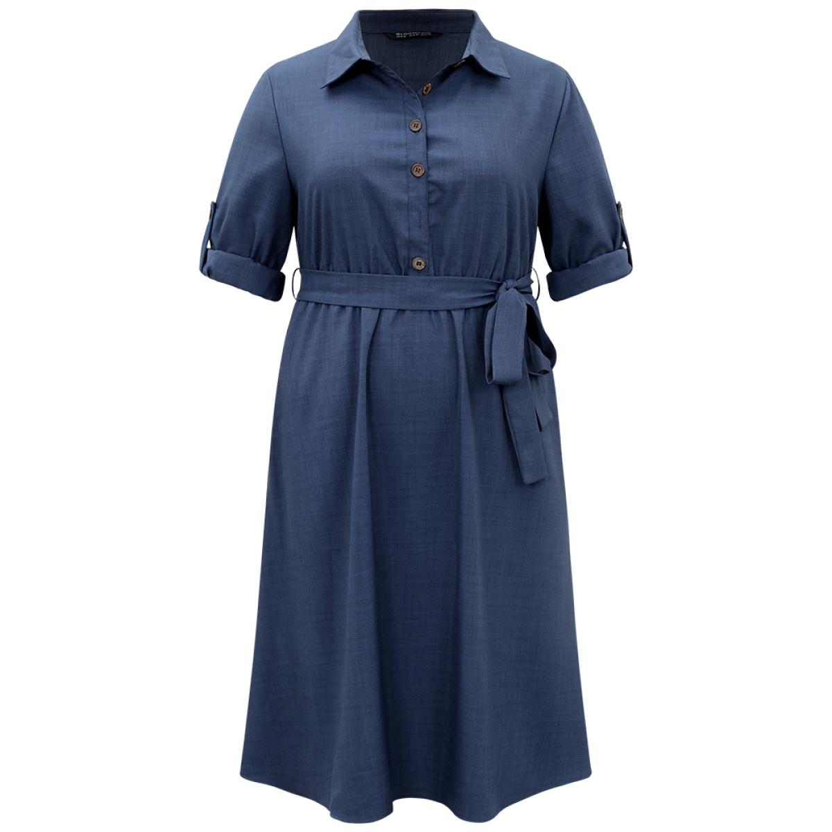 Plus Size Static-Free solid Belted Tab Sleeve Dress Indigo Women Office Plain Shirt collar Long Sleeve Curvy Midi Dress BloomChic 28/5X Product Image
