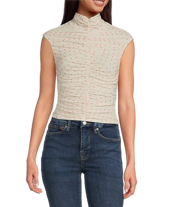 AFRM Jolie Dot Print Mesh Knit Ruched Mock Neck Short Sleeve Top Product Image