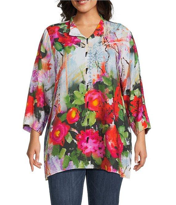 Ali Miles Plus Size Woven Floral Wire Neck 3/4 Cuff Sleeve Button-Front Tunic Product Image