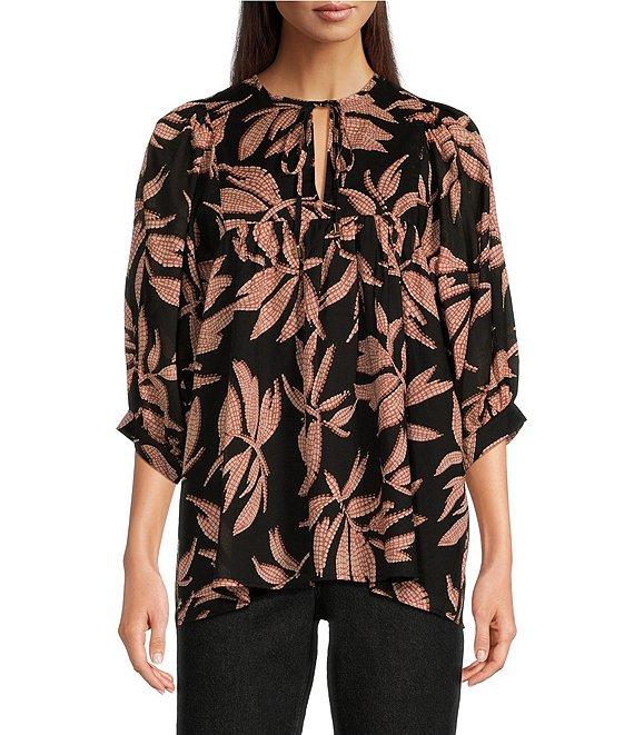 J.Marie Maria Woven Leaf Print Split Round Tie Neck 3/4#double; Puff Sleeve Flounce Tunic Product Image