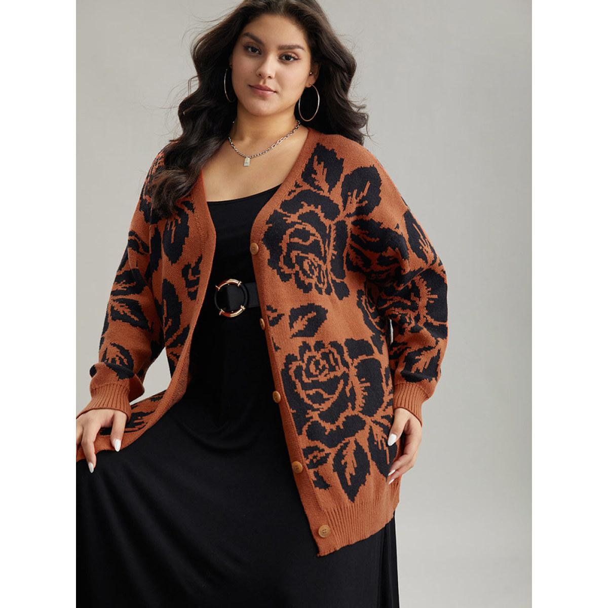 Plus Size Supersoft Essentials Silhouette Floral Print Button Fly Cardigan Chocolate Women Casual Loose Long Sleeve Dailywear Cardigans BloomChic 14-16/1X Product Image