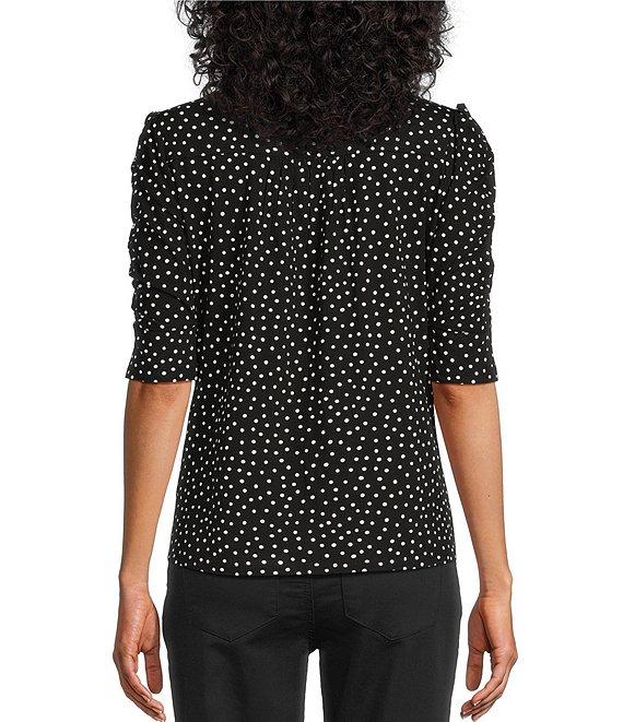 Intro Size Knit Jersey Mini Polka Dot Crew Neck Elbow Puff Sleeve Top Product Image
