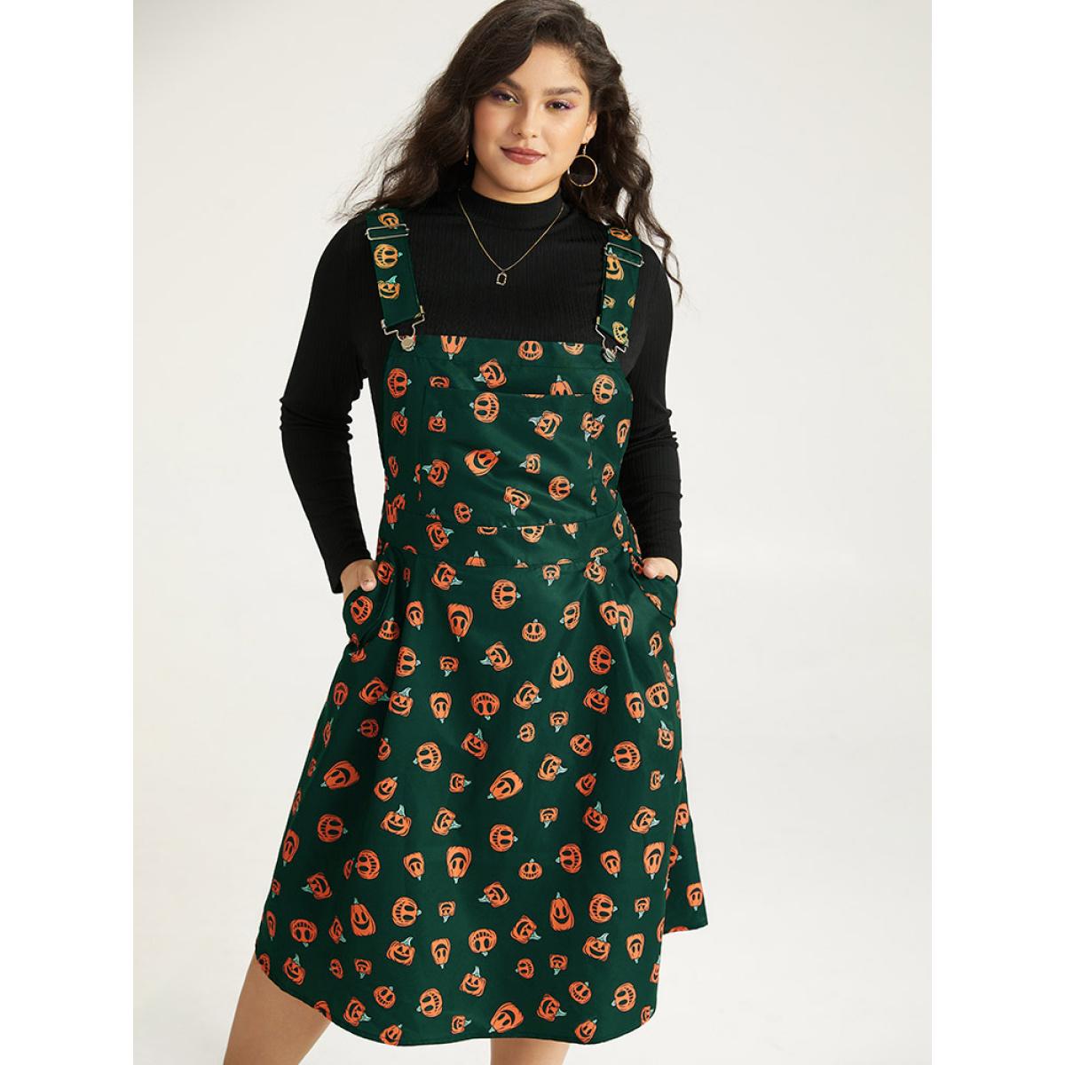 Plus Size Halloween Pocket Pumpkin Print Overall Cami Dress Black Women Playful Adjustable Straps Spaghetti Strap Sleeveless Curvy Midi Dress BloomChic 18-20/2X Product Image