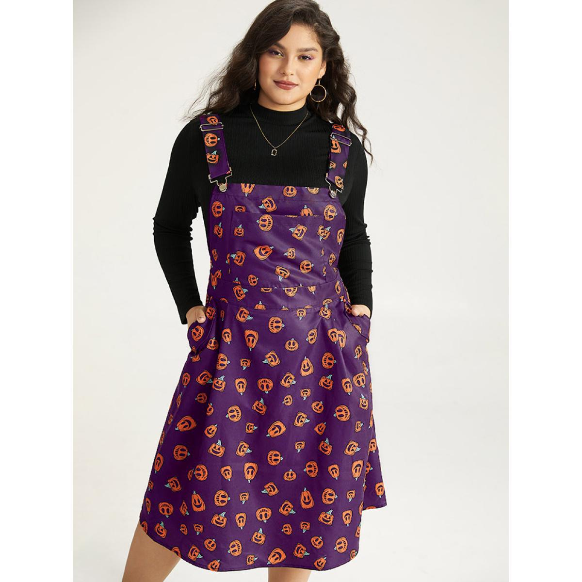 Plus Size Halloween Pocket Pumpkin Print Overall Cami Dress Black Women Playful Adjustable Straps Spaghetti Strap Sleeveless Curvy Midi Dress BloomChic 18-20/2X Product Image
