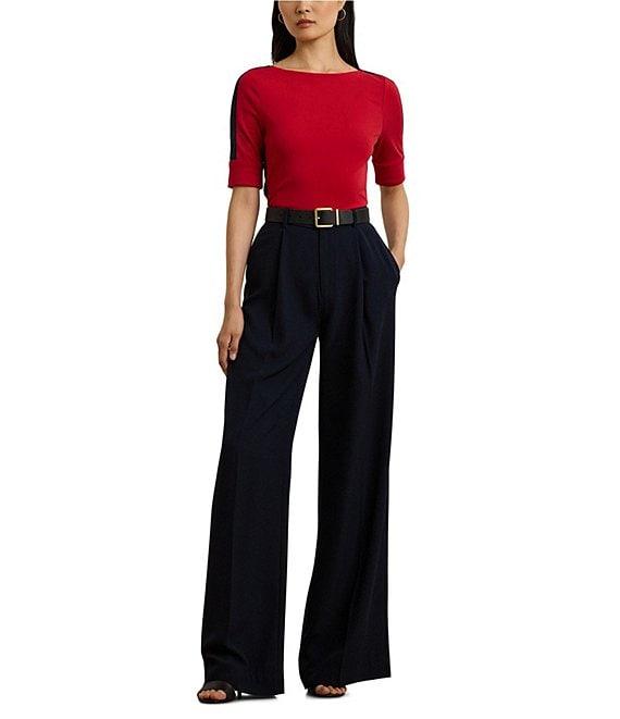 Lauren Ralph Lauren Petite Size Ribbed Knit Stretch Cotton Boat Neck Short Sleeve Two-Tone Top Product Image