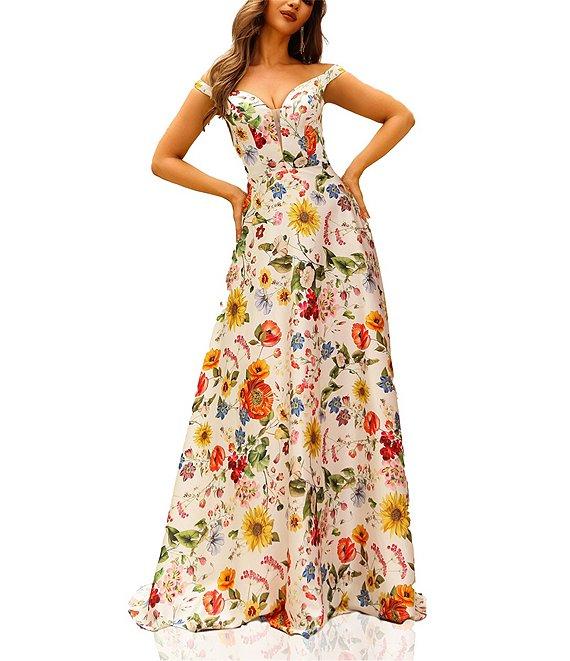 Terani Couture Off-The-Shoulder Floral Print Satin A-line Gown Product Image