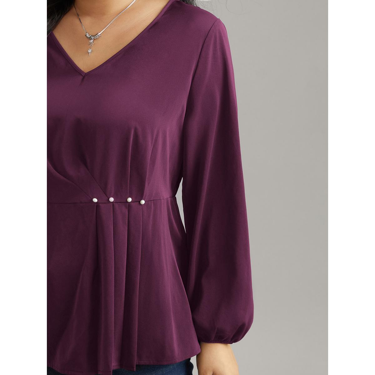 Plus Size Purple Pearl Beaded Plicated Detail Blouse Women Office Long Sleeve V-neck Work Blouses BloomChic 28/5X Product Image
