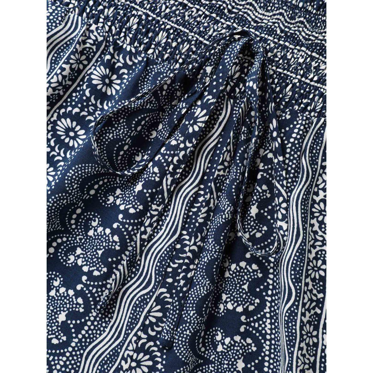 Plus Size Boho Print Shirred Waist Wide-Leg Pants Women Indigo Boho Wide Leg Mid Rise Vacation Pants BloomChic 10/M Product Image