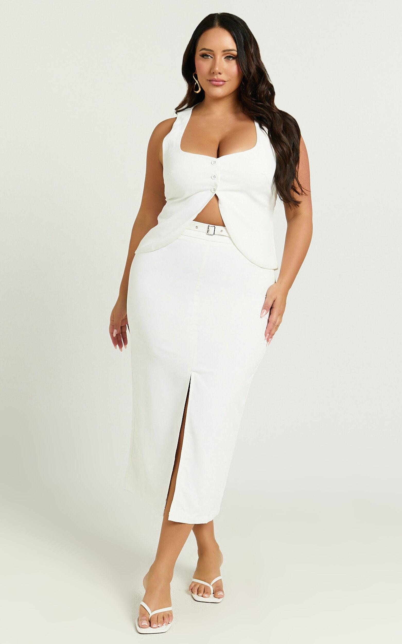 Romeo Midi Skirt - High Waisted Front Split Pencil Skirt in White Product Image
