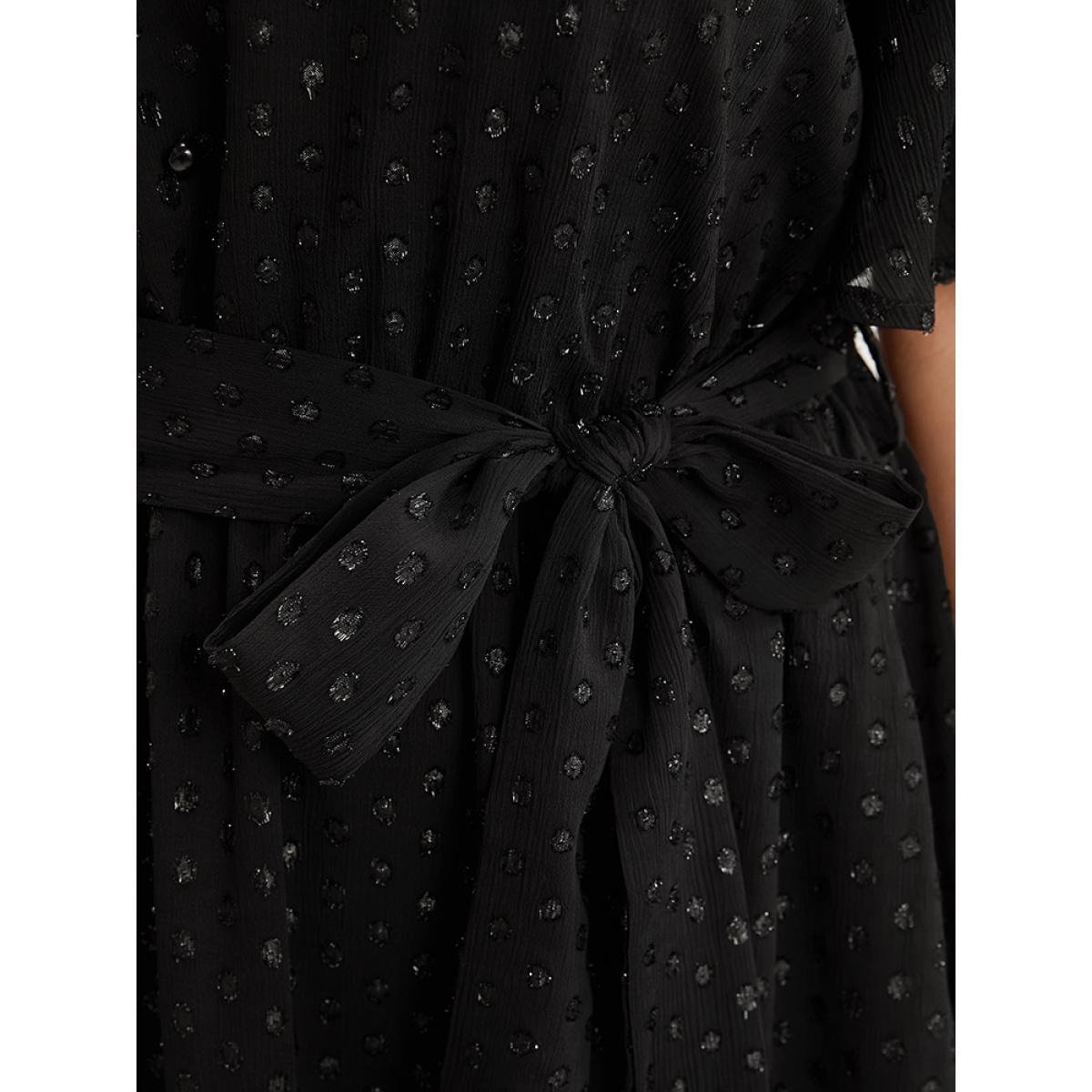Plus Size Glitter Polka Dot V Neck Pocket Belted Ruffles Hem Dress Black Women Glamour Asymmetrical V-neck Short sleeve Curvy Midi Dress BloomChic 30/6X Product Image