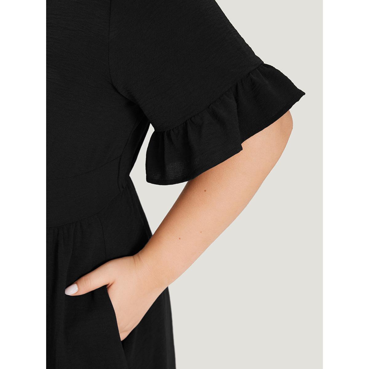 Plus Size Solid Bell Sleeve Button Detail Pocket Gathered Dress Black Women Elegant V-neck Half Sleeve Curvy Midi Dress BloomChic 12/L Product Image