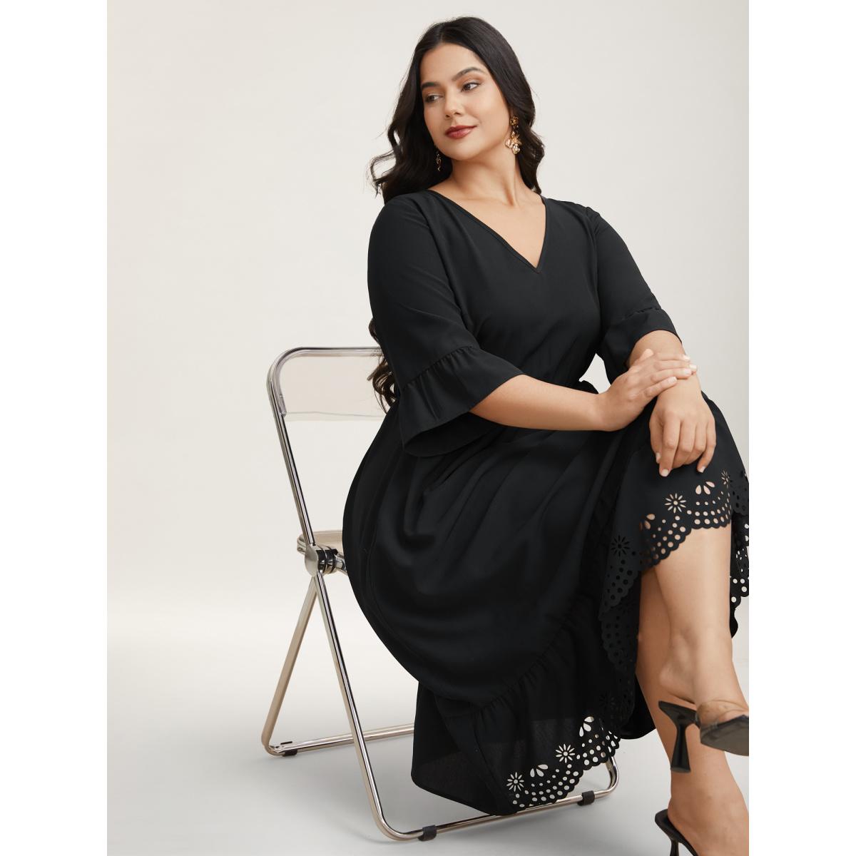 Plus Size Cut-Out Waist-Defining Ruffled Midi Dress Black Women Elegant Cut-Out V-neck Elbow-length sleeve Curvy BloomChic 18-20/2X Product Image