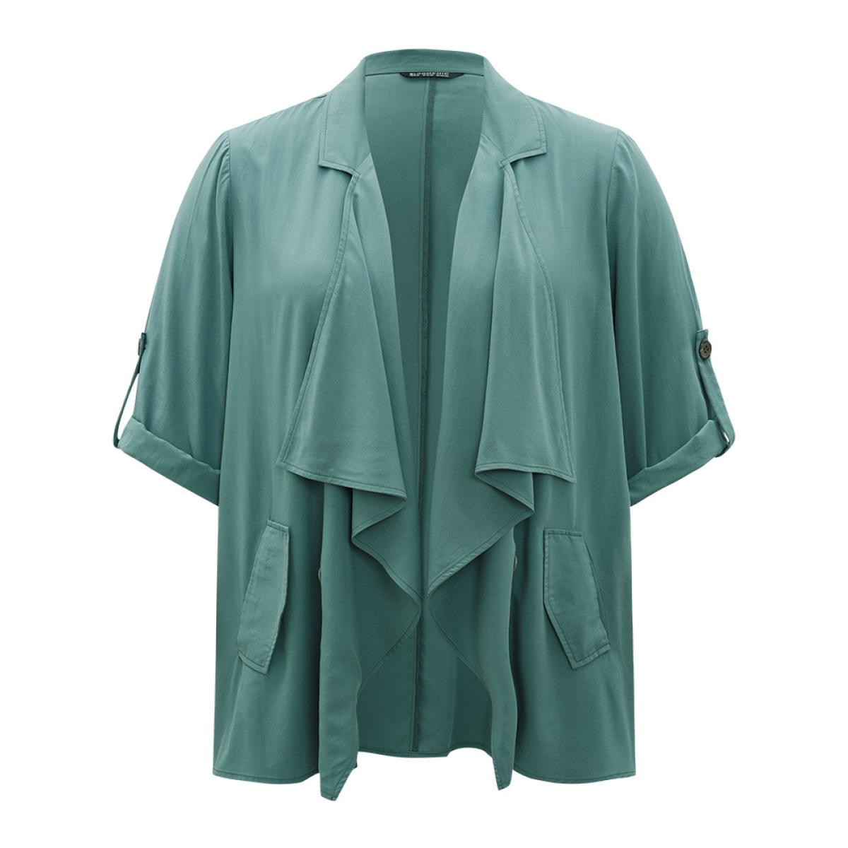 Plus Size Solid Pocket Asymmetrical Neck Roll Tab Sleeve Jacket Women Emerald Plain Loose Pocket Dailywear Jackets BloomChic 30/6X Product Image