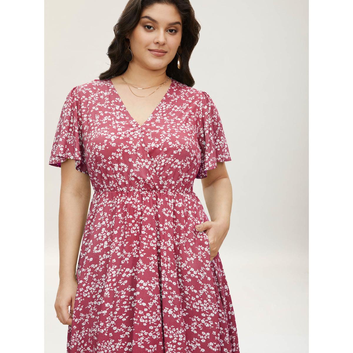 Plus Size Bloom Dress - Ditsy Floral Elastic Waist Ruffles Pocket Knee Dress DustyPink Women Leisure Non V-neck Short sleeve Curvy Knee Dress BloomChic 22-24/3X Product Image