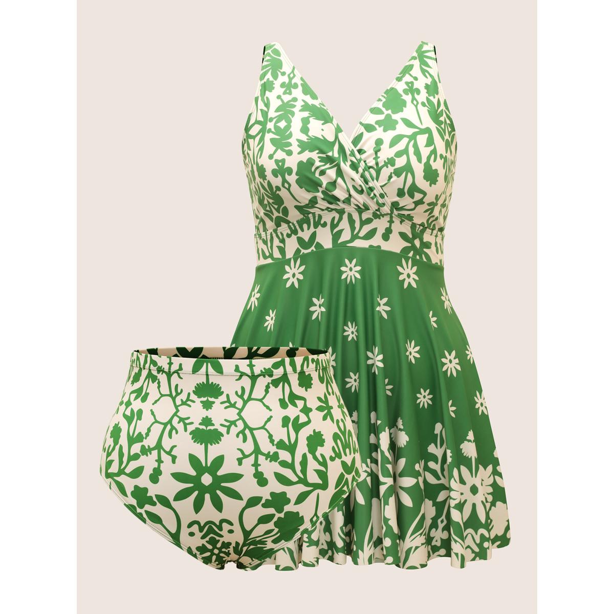 Plus Size Boho Print Overlap Collar Gathered Swim Dress Women's Swimwear Truegreen Beach Bodycon Overlap Collar High stretch Curve Swim Dresses BloomChic 12/L Product Image