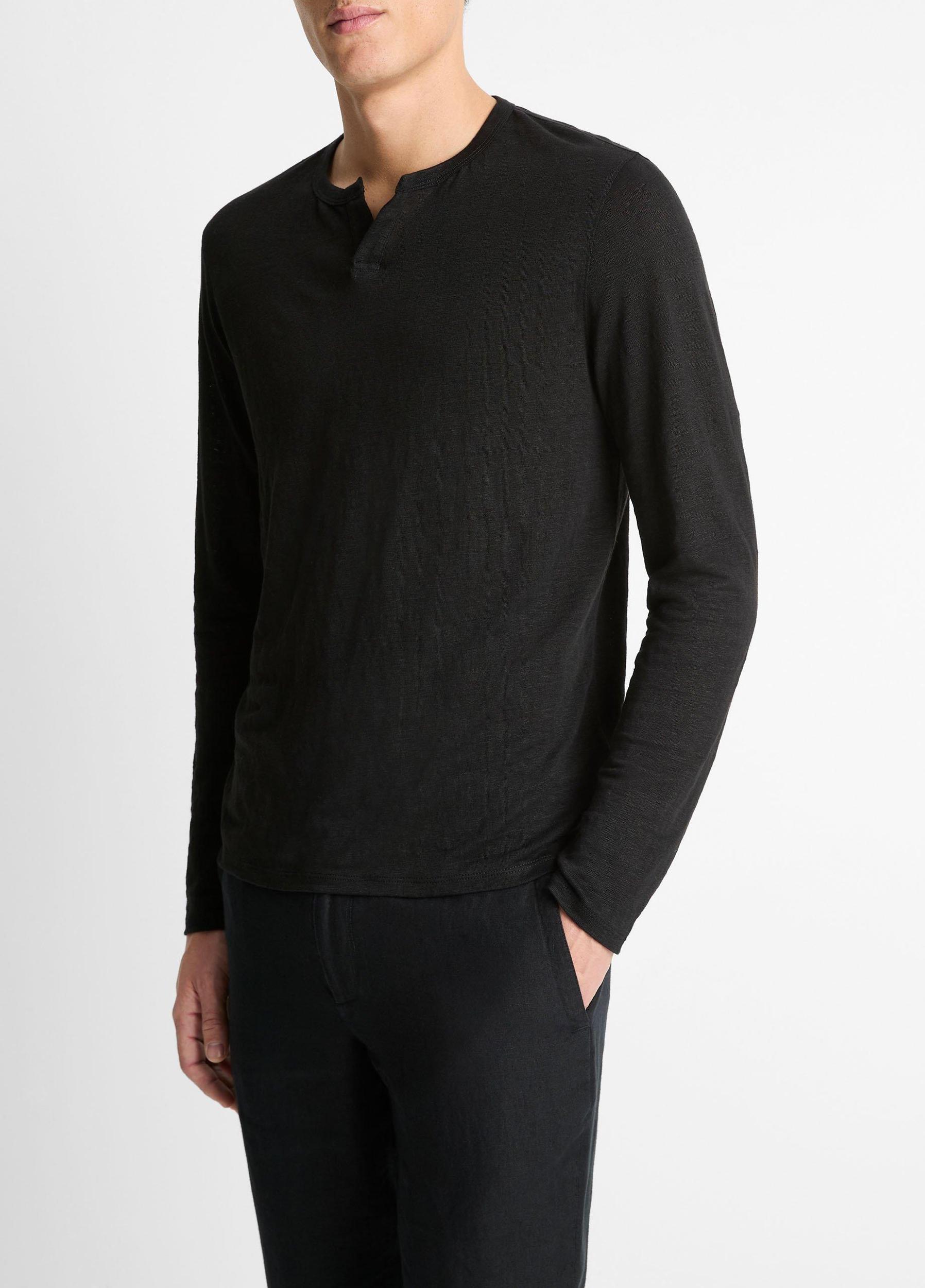 Linen Long-Sleeve Split-Neck T-Shirt Product Image