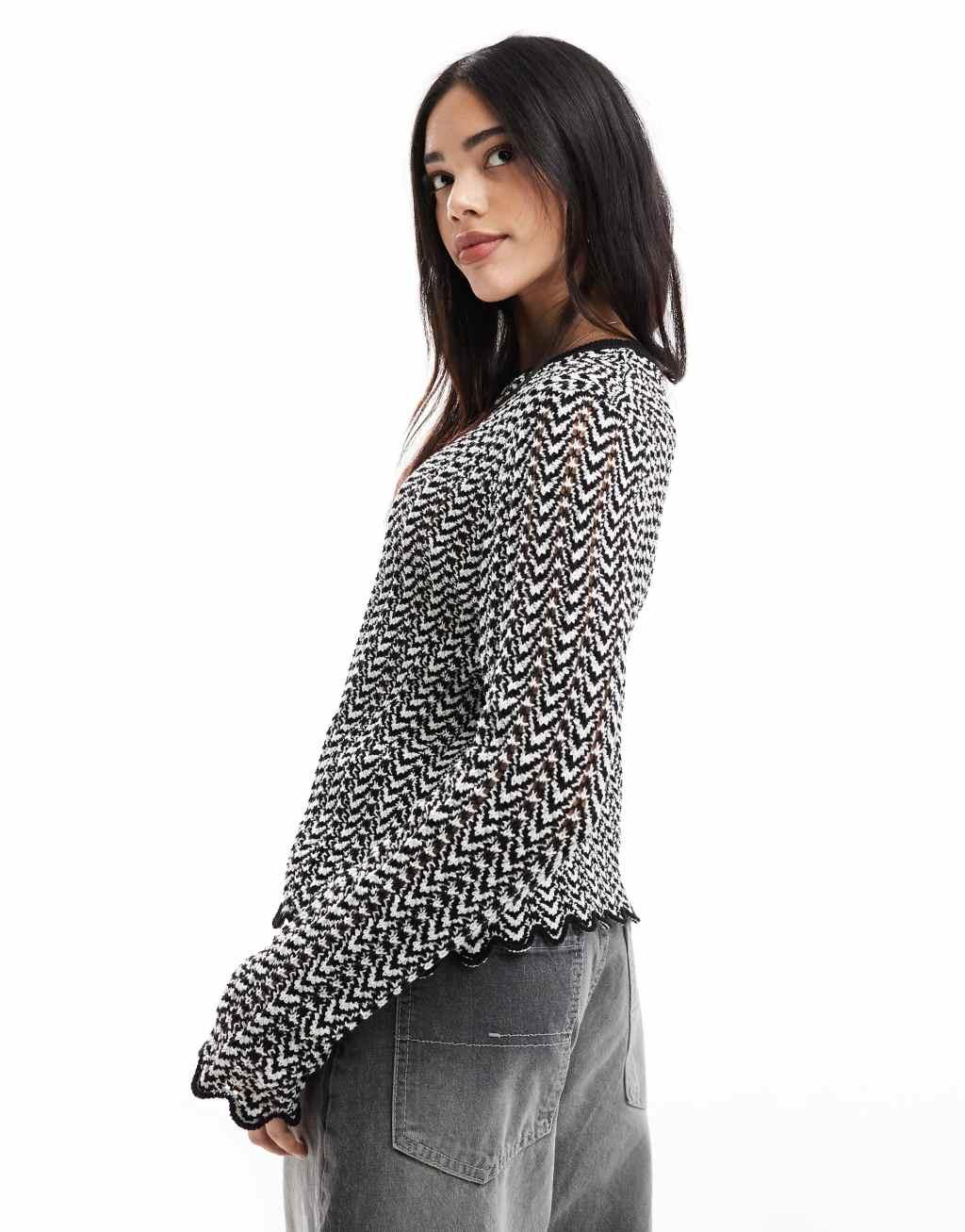 ASOS DESIGN knit cardigan in contrast crochet stitch in black and white Product Image