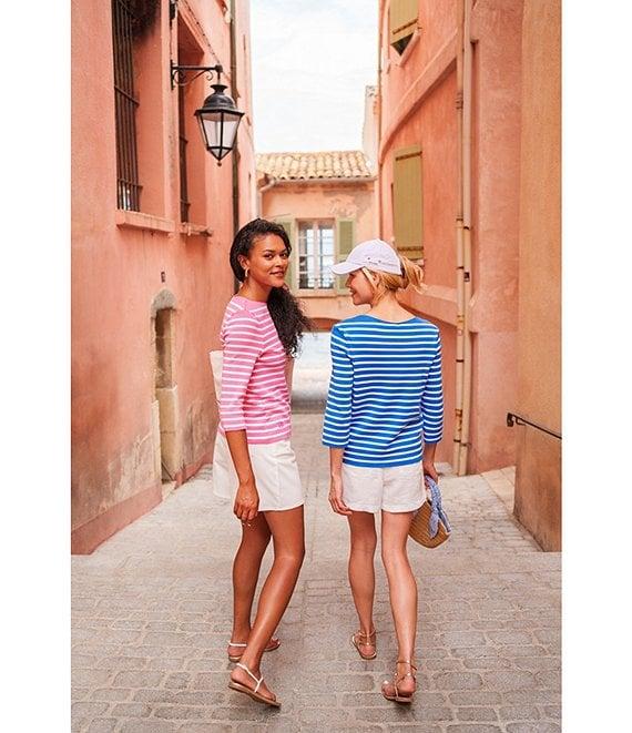 Lilly Pulitzer x Saint James Voissey Contrast Stripe Round Neck 3/4 Sleeve Fine Gauge Knit Sweater Product Image