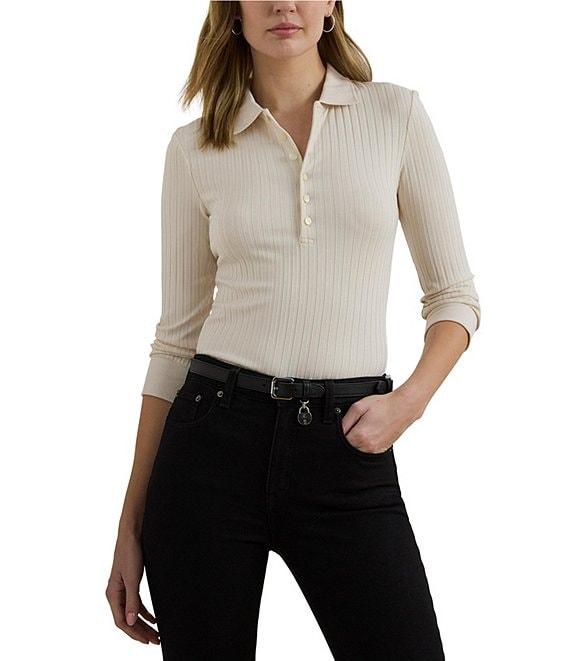 Lauren Ralph Lauren Petite Size Ribbed Knit Point Collar 3/4 Sleeve Polo Shirt Product Image
