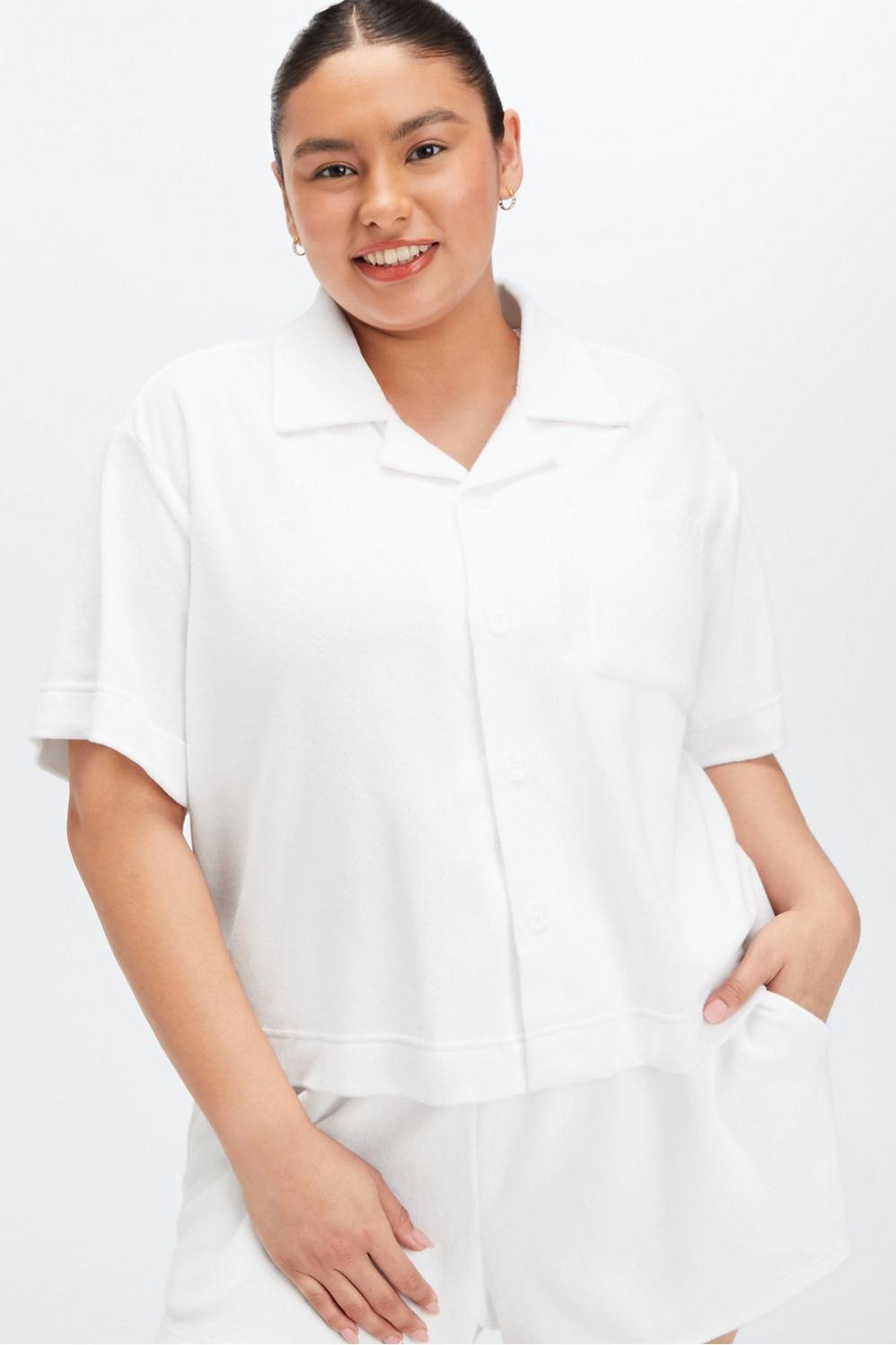 Fabletics Island Terry Boxy Button Up Womens white plus Size 4X Product Image