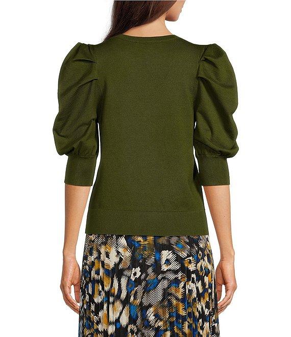 DKNY by Donna Karan Short Pleated Puffed Elbow Sleeve V-Neck Knit Top Product Image
