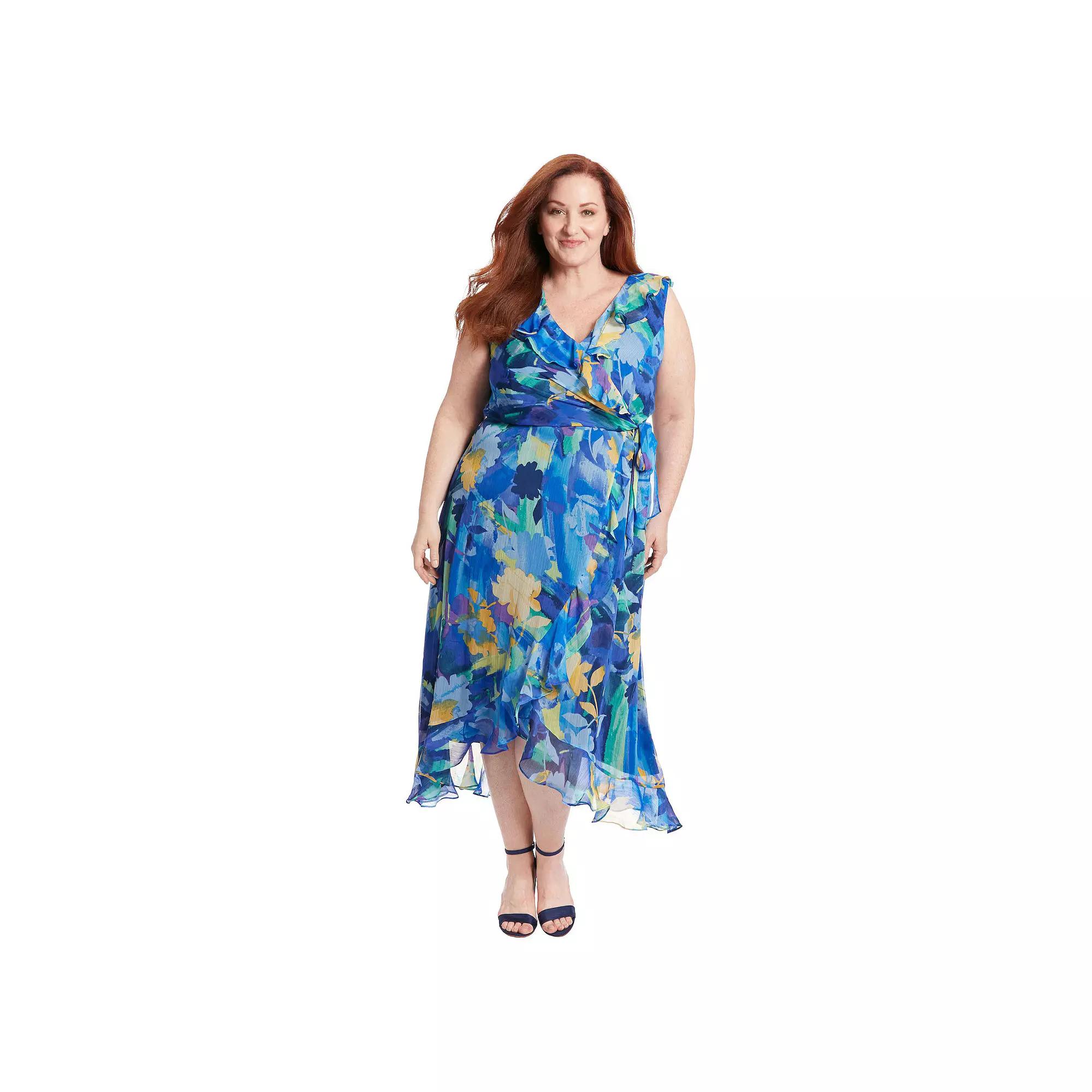 Plus Size London Times Side Tie Ruffle Faux Wrap Dress, Womens Product Image