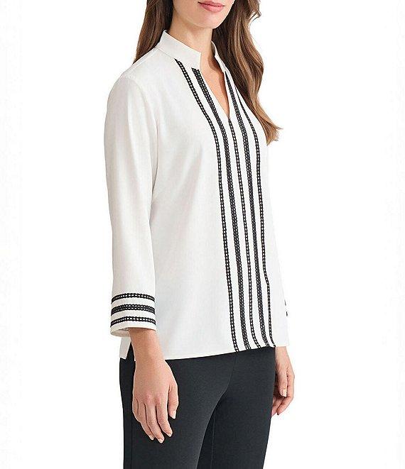 Ming Wang Ribbon Trim Crepe De Chine Mandarin V-Neck Bracelet Sleeve Blouse Product Image