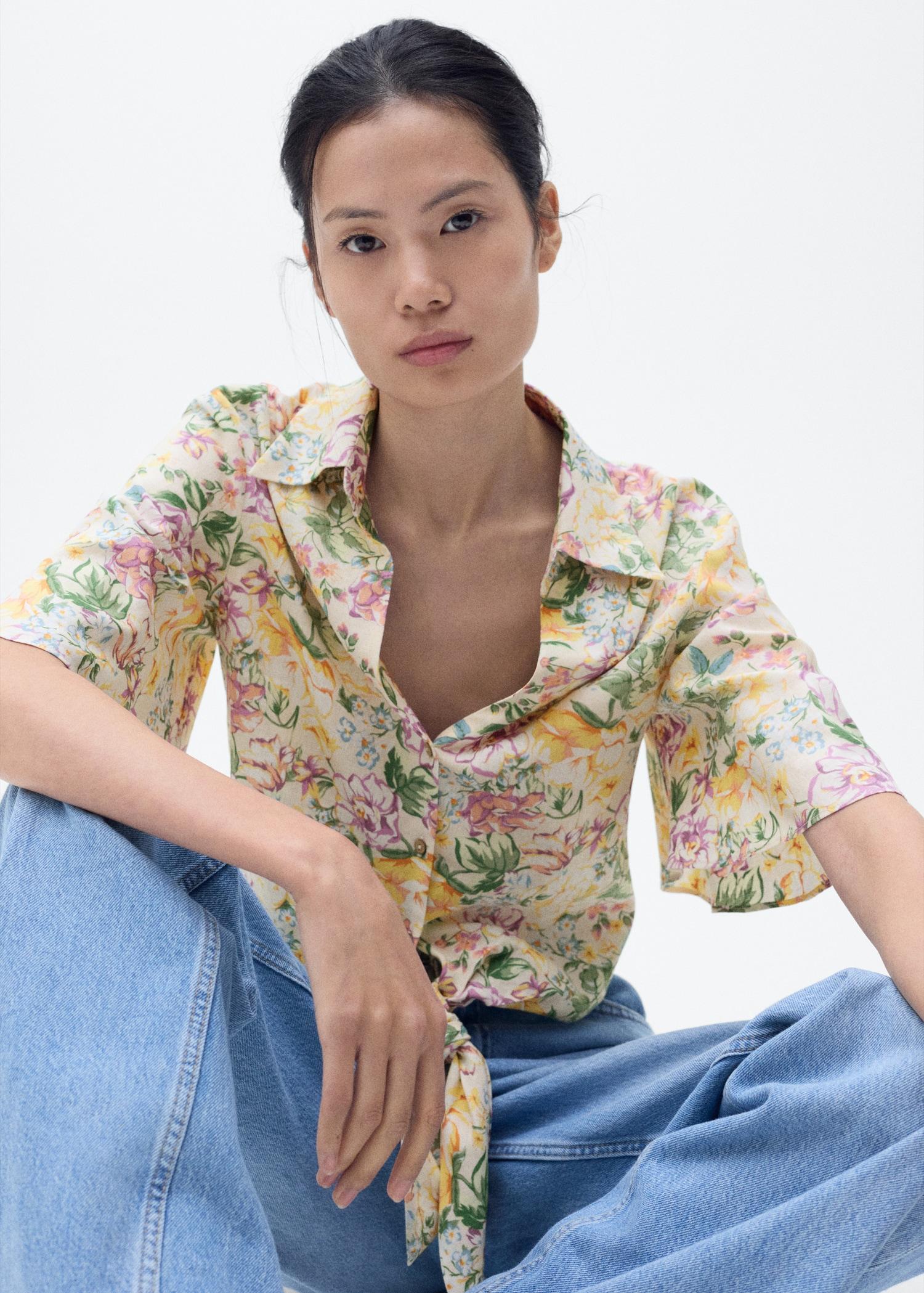 Floral linen shirt with knot detail - Women | MANGO USA Product Image