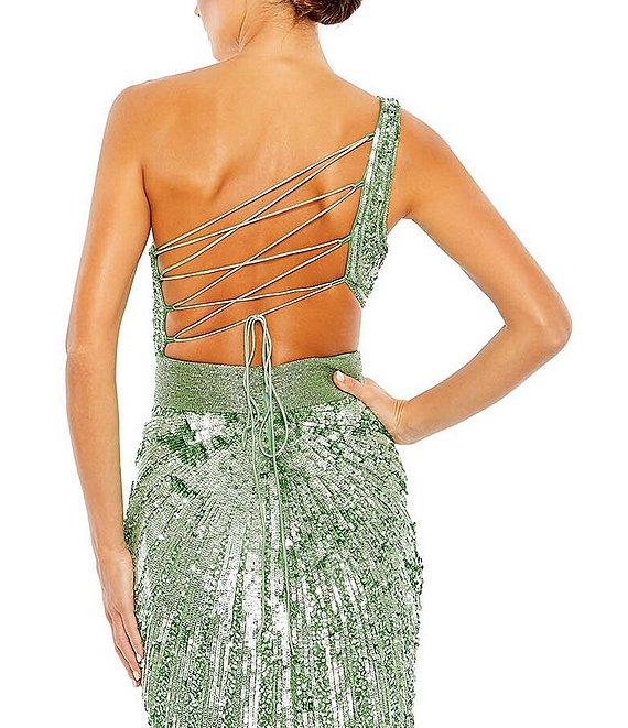 Mac Duggal One Shoulder Lace Up Back Sequin Gown Product Image